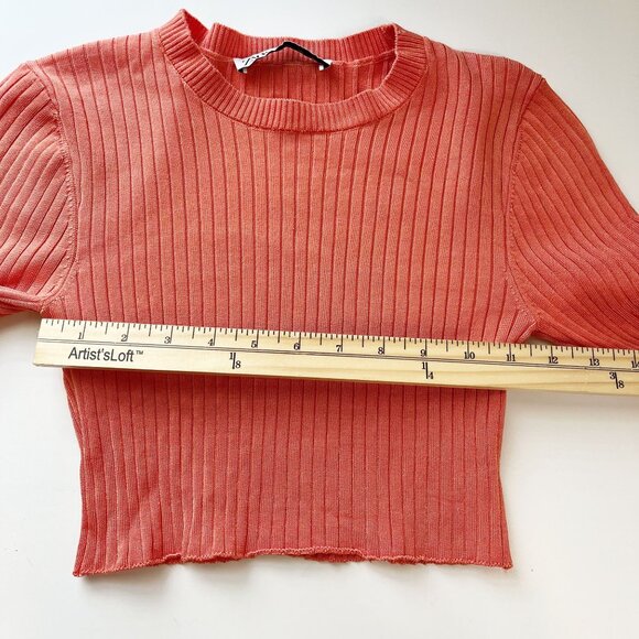 Zara Orange Ribbed Long Sleeve Crop Top Crewneck Fitted Stretch - Size Small - Picture 5 of 6